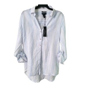 White and Blue Striped Button-Up Shirt
